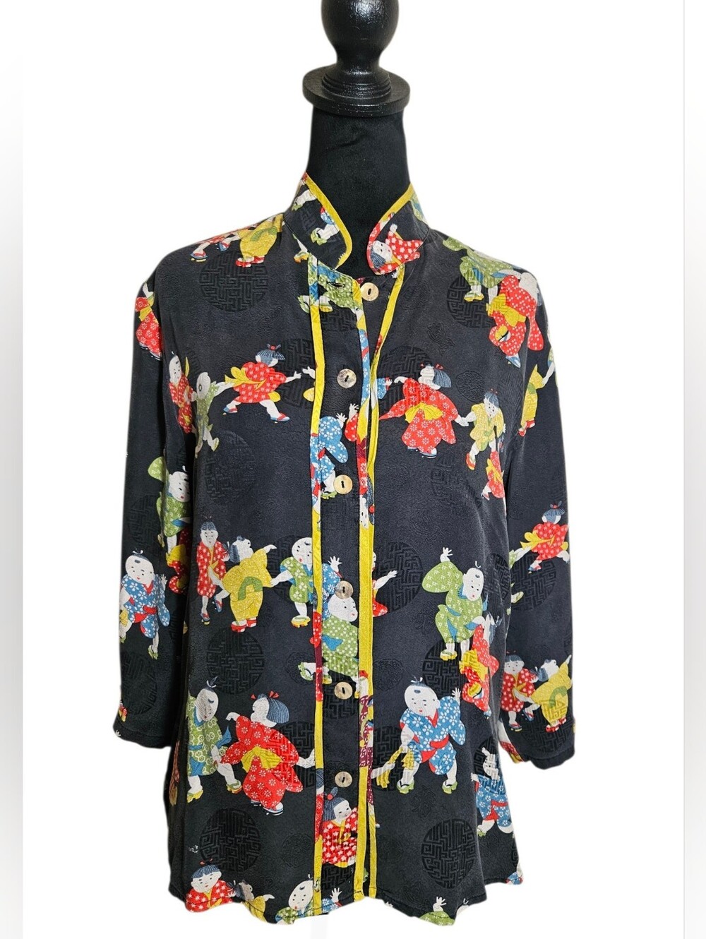Citron Santa Monica 100% Silk Kids Playing Novelty Button-up Charcoal Blouse M